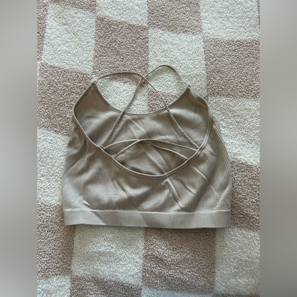 Beige Ribbed Sports Bra